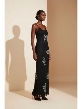 Vintage 90s Mark & John by Gopal Black Beaded Slip Dress Floral Sequin Maxi